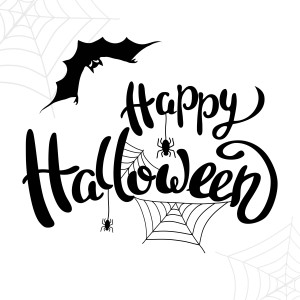 Happy Halloween template for banner or poster. Holiday lettering  with spider and web. Vector illustration
